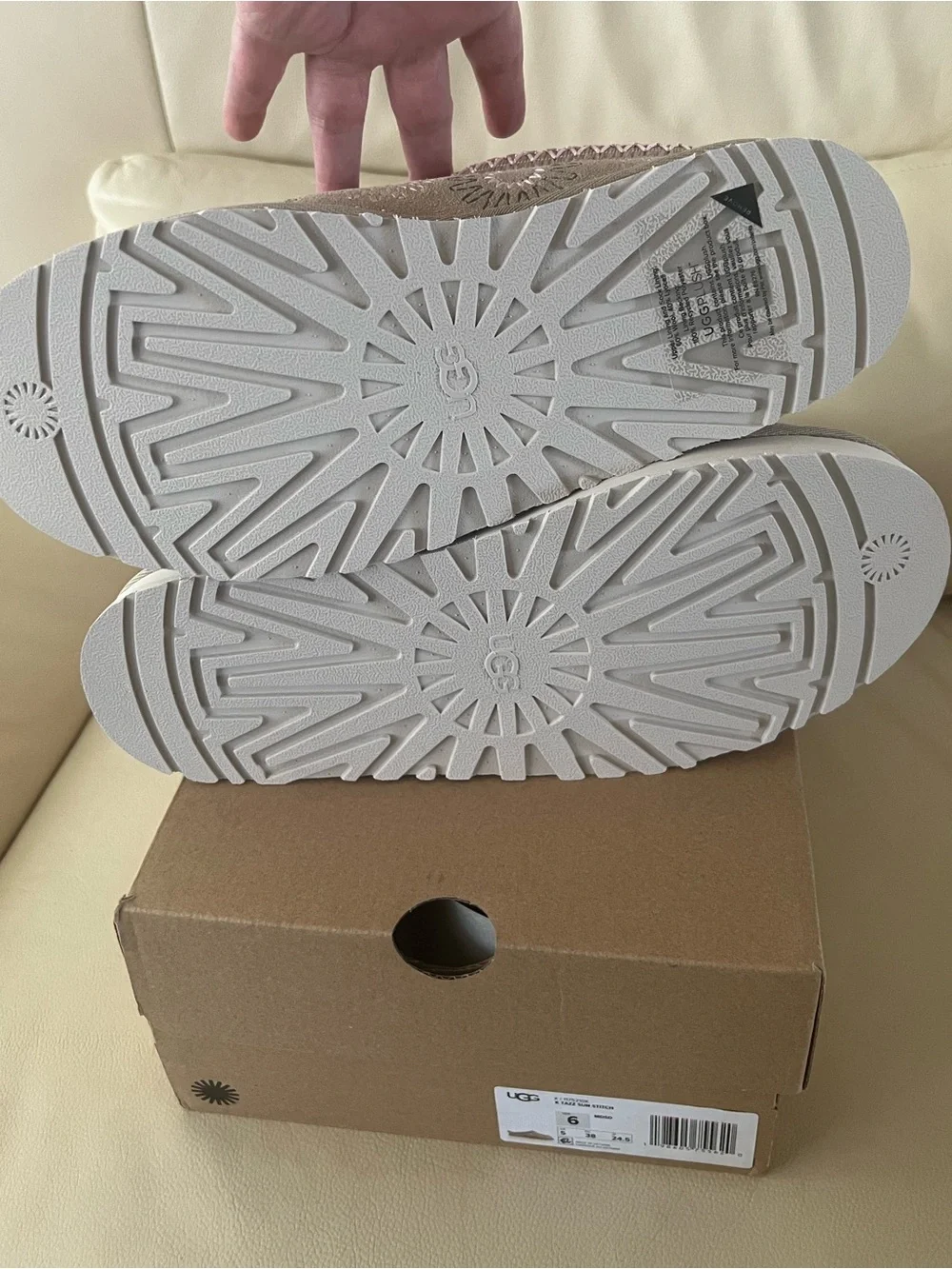 UGG Taupe Slip-On Clogs with Pink & White Embroidered Motifs